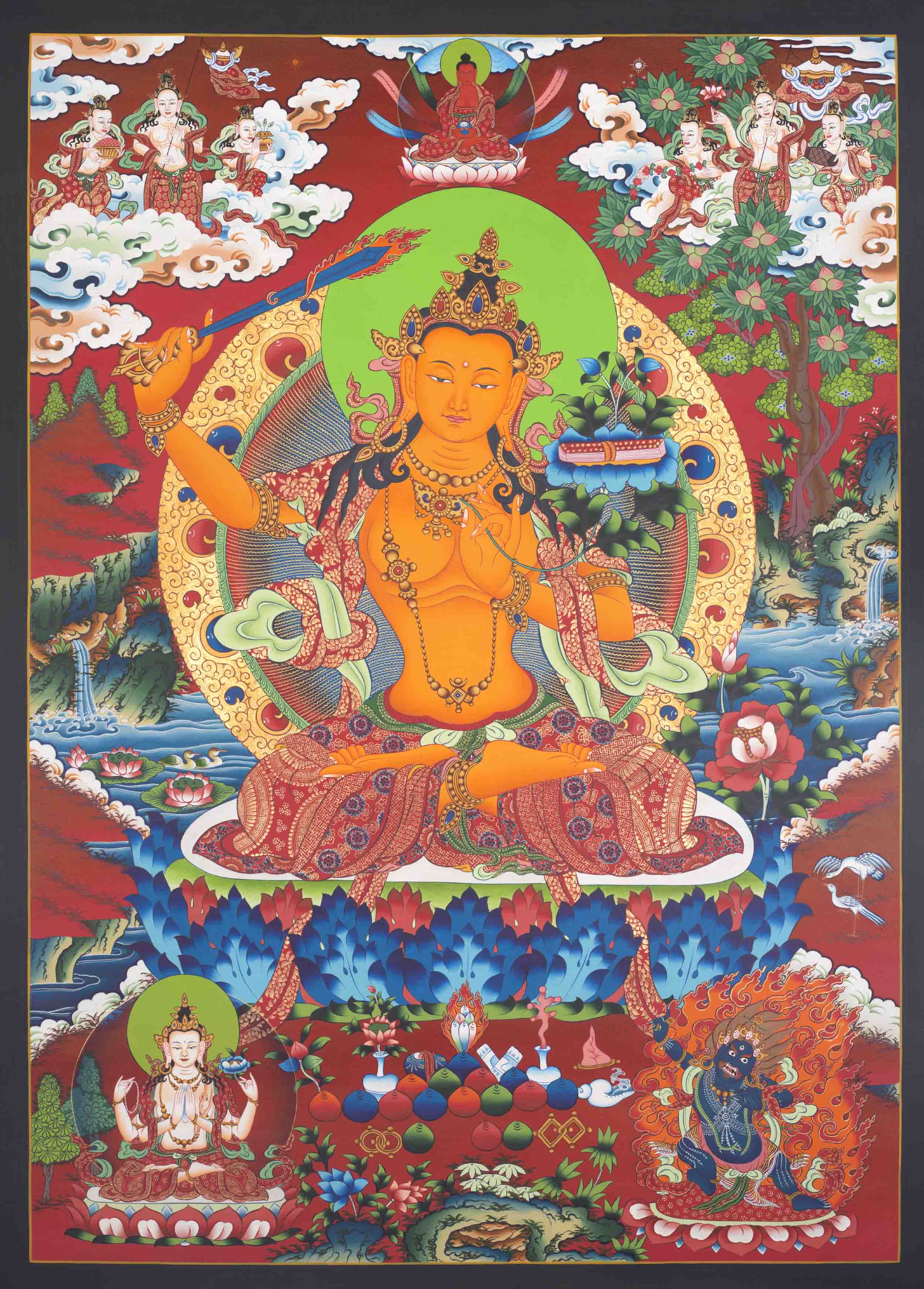 Manjushri Tibetan Thangka | The Buddha of Wisdom | Original Hand Painted Traditional Wall Hanging Buddhist Art