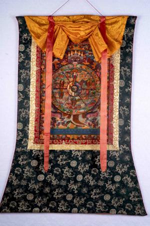 Brocade Mounted Wheel Of Life | Original Hand Painted Tibetan Thangka