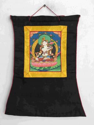 Vintage White Tara Thangka Painting |Buddhist Vajrayana Art | Brocade Mounted Himalayan Art