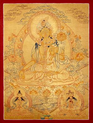 Full 24K Gold Style White Tara Followed By Other Bodhisattvas & Mahakala | Original Hand-Painted Female Bodhisattva Art | Wall Hanging Decor
