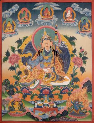 Original Handpainted Guru Rinpoche Surrounded By Dhyani Buddha Traditional Thangka | Lotus Born Master Of Buddhism