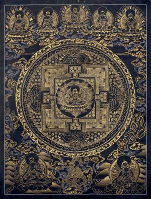 Original Hand Painted Gold And Black Style Amitabha Buddha Mandala Thangka | Tibetan Buddhist Art | Meditation And Yoga | Wall Hanging Decor