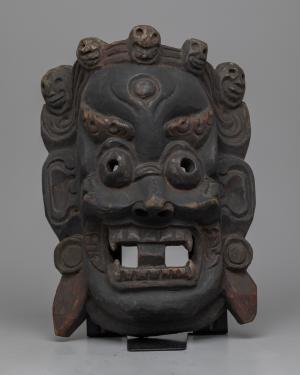 Vintage Wooden Bhairav Mask | Wrathful Traditional Buddhist Deity Art for Spiritual Wall Decor