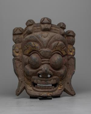 Fierce Mahakala Mask | Intricate Fiery Wall Decor | Antique Wooden Sculpture