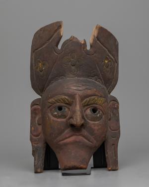Vintage Wooden Tibetan Buddhist Master Face Mask | Handcrafted Himalayan Artwork