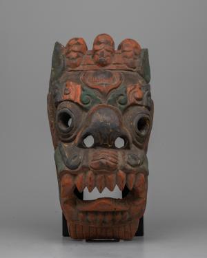 Wooden Carving Antique Mask | Handmade Tibetan Face Mask for Table Decor | Fiery Art Decor