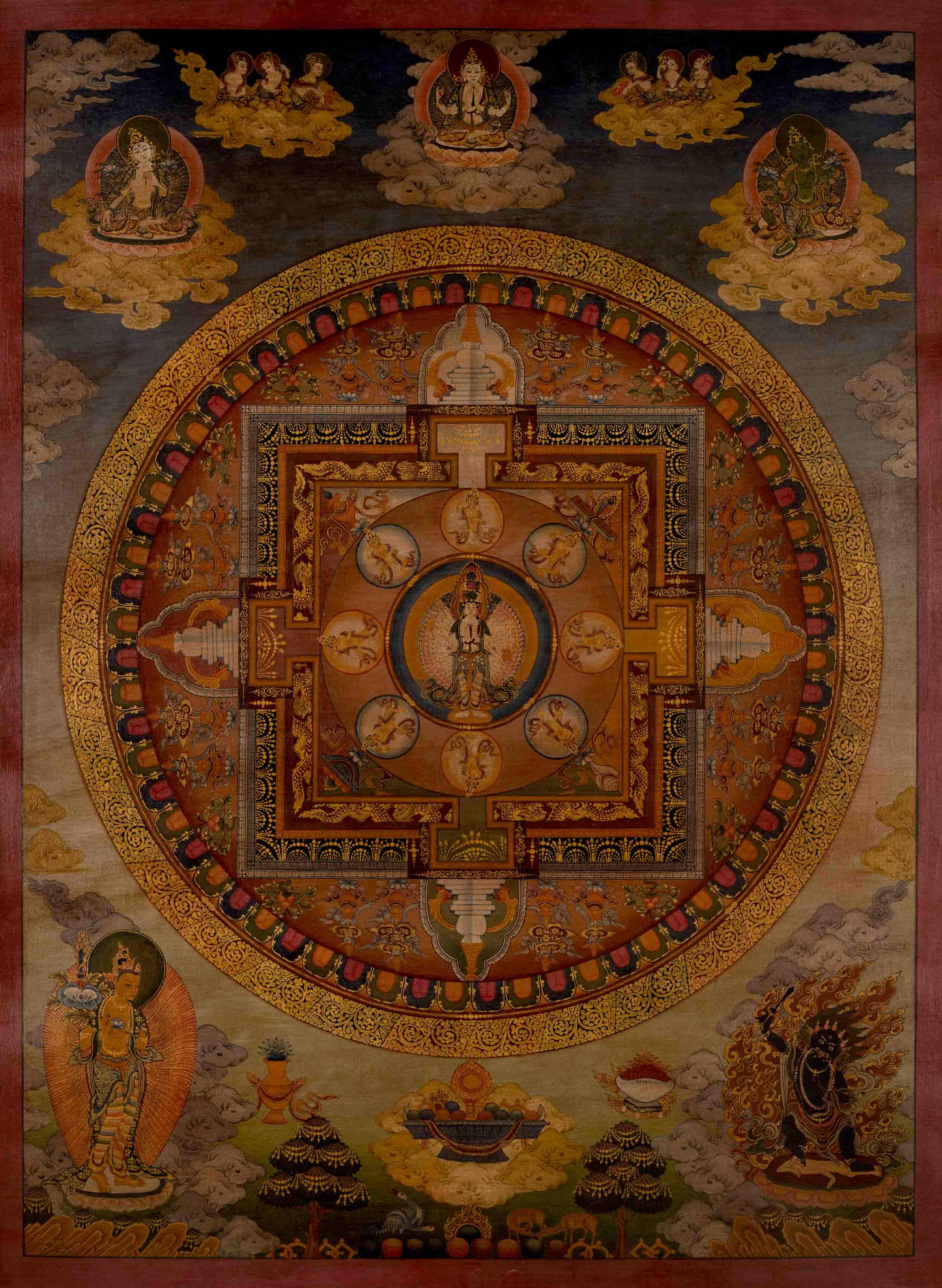 Lokeshvara Chenrezig Vintage Original Hand-Painted Mandala Thangka