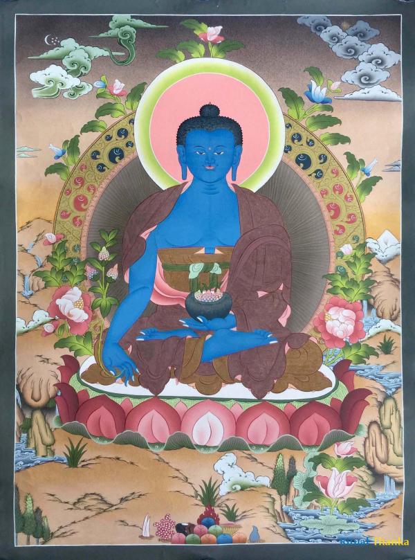 Original Hand painted Medicine Buddha Thangka | Peace And Prosperity | Bhaisajyaguru Buddha | Tibetan Thangka Painting | Blue Buddha
