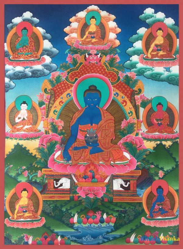 Medicine Buddha Surrounded By Dhyani Buddhas Thangka | Bhaisajyaguru Original Hand-Painted Tibetan Healing Art