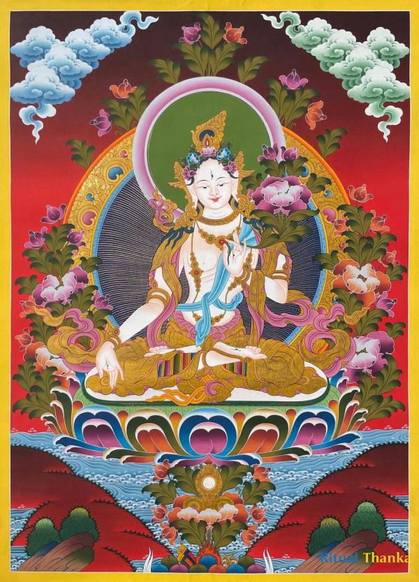 White Tara Thangka | Religious Wall Decor | Thangka Painting | Tibetan Buddhism