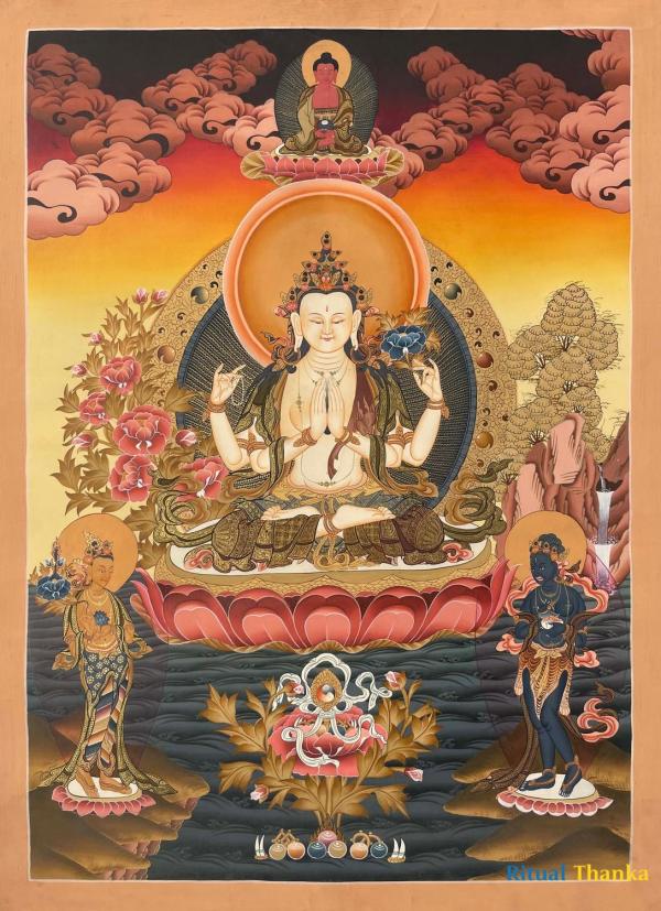 Avalokiteshvara Chengrezig Thangka With Amitabha Buddha On Top | Original Hand-painted Arya Bodhisattva | Wall Hanging Decor For Meditation