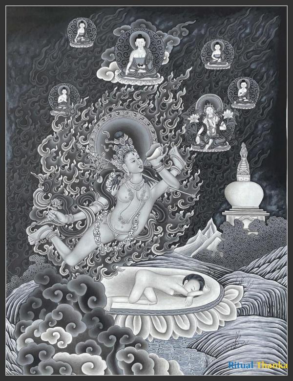 Aakash Yogini or Vidyadhari visualized by siddhas such as Maitripa in Black and white nevari style Thangka