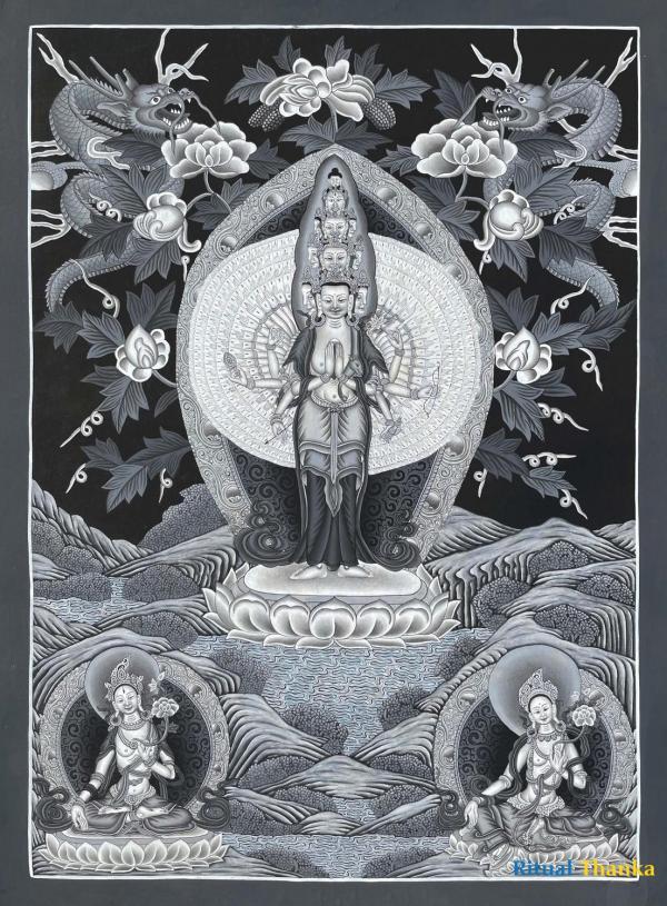 Avalokiteshvara Thangka flanked by Green and White Tara | Original Hand Painted Black & White Newari Style Bodhisattva Thangka