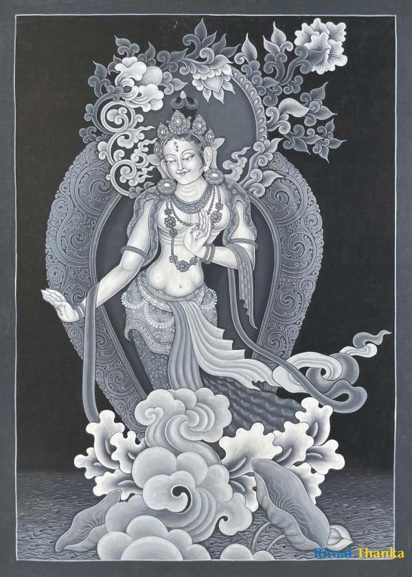 Standing White Tara depicted in Black and white colors in Nevari Style Thangka