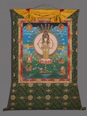 Chenrezig Thangka | Original Hand-Painted Avalokiteshvara vintage Brocaded