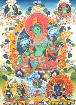 Green Tara Divine Mother Beautiful Thangka Painting | Surrounded by Manjushri