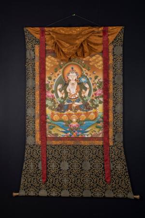 Brocade Mounted Chengrezig Thangka | Religious Wall Hanging