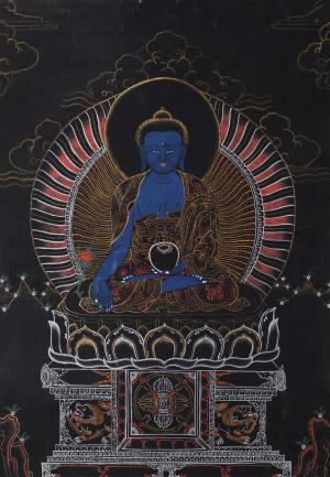 Vintage Original Hand Painted Medicine Buddha Thangka | Traditional Hand -painted thangka Of Bhaisajyaguru