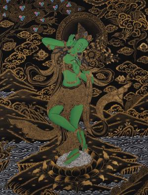 Standing Green Tara Mother Goddess | Pure Gold Tibetan Buddhism Thangka