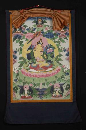 Manjushree Thangka | Vintage Thangka painting of Glorious Prince the Boddhisattva of Ultimate Wisdom from late 1980's in Nepal Brocaded