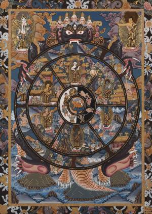 Small sized wheel of life with light blue tone Thangka
