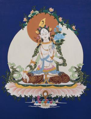 Pacifying White Tara Sitting in Abhaya Mudra Postures | Tibetan Original Handmade Thangka