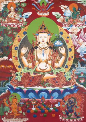 Chengrezig Avalokitesvara Hand-painted Buddhist Thangka- Flanked by Boddhisattvas Vajrapani and Manjushree