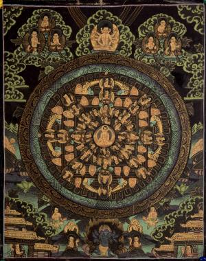 Vintage Small Dark Shakyamuni Buddha Mandala | Original Hand Painted Tibetan Buddhist Thangka