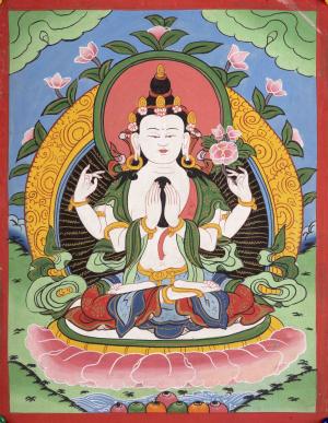 Vintage Small Size Avalokitesvara Chengrezig Thangka | Bodhisattva of Compassion