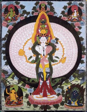 30  Years Old 1000 Armed Avalokiteshvara Thangka Art Followed By Mahakala
