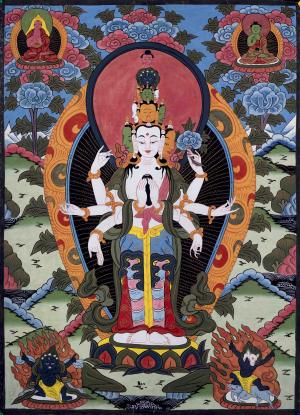 30+ Years Old Avalokiteshvara Thangka Followed By Mahakala & Other Bodhisattvas