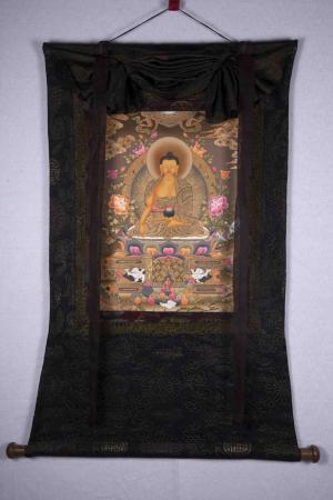 Shakyamuni Buddha Thangka Mounted on Brocade