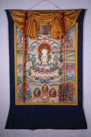 Brocade Chengrezig Thanka | Original vintage Hand Painted Tibetan Thangka with brocade