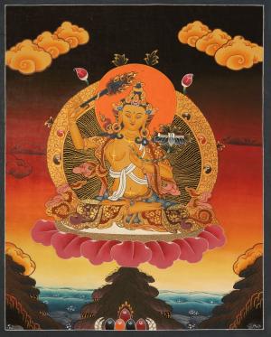Small Size Manjushree Thangka With Bright Background | Original Hand-Painted Bodhisattva Of Wisdom