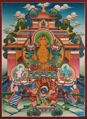 Manjushree With Dharmachakra Mudra Gestures | Manjushri Palace Large Sized Tibetan Thangka Painting For Office, Bedroom & Farmhouse