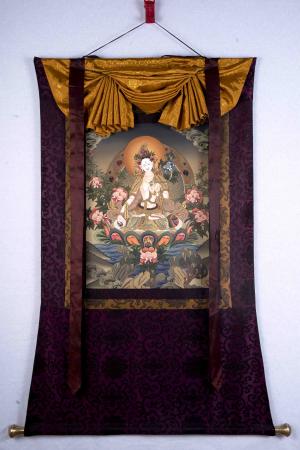 White Tara Thangka With Brocade | Original Hand-Painted Female Bodhisattva Art