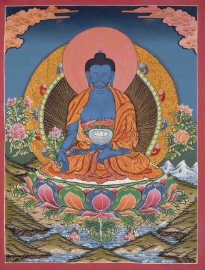Original Hand Painted Thangka Of Medicine Buddha Followed By 5 Dhyani Buddhas