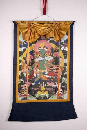 Vintage Green Tara With Brocade | Female Bodhisattva Original Hand Painted Thangka