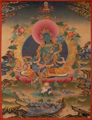 Green Tara Thangka | Original Handmade Painting | Wall Hanging Yoga Meditation Canvas Art