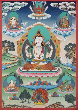 Avalokiteshvara Chengrezig Handmade Original Thangka | With Guru Rinpoche , White Green Tara . Vajrasattva , Vajrapani and Buddha Amitabha