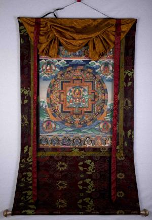 Five Meditation Buddha Mandala | Antique Thangka Painting with Handmade Old Flower Design Brocade mounted