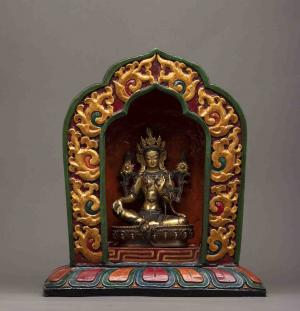 Vintage Green Tara Sculpture With Wooden Throne | Handmade Buddhist Female Goddess | Original Handmade Buddhist Sculpture of Mother Drolma
