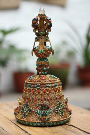 Tibetan Bell With Filigree (Siku) Design, Gold Plated with Real Inlaid Stones, Beautifully handcrafted in Nepal by renowned artisan in Patan