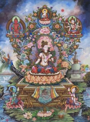 Bodhisattva Tara with Vairocana Buddha , Amiatayus and Ushnishavijaya
