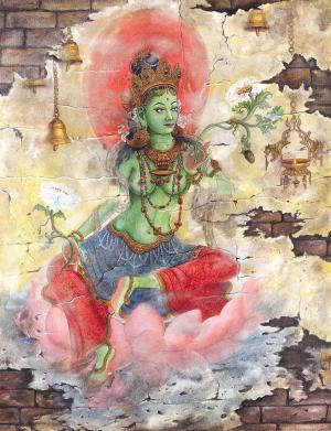 Oil Painting Of Arya Green Tara | Large Size Tara Painting For Wall Decoration