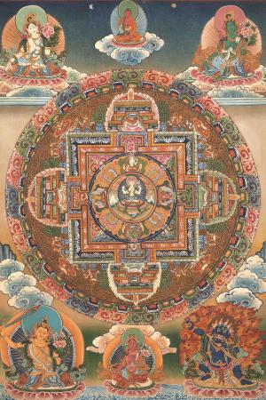 Lokeshvara Chenrezig Vintage Original Hand-Painted Mandala Thangka