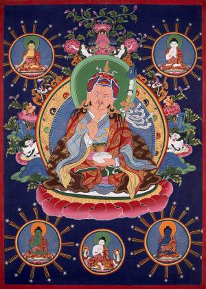 Guru Rinpoche Surrounded By Dhyani Buddha Traditional Handpainted Thangka | Lotus Born Master Of Buddhism