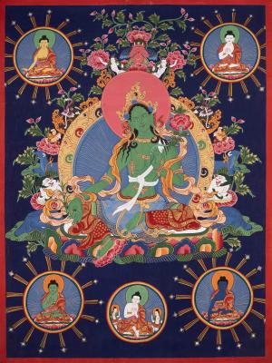Green Tara Surrounded By 5 Dhyani Buddha Thangka | Original Hand Painted Healing Female Deity