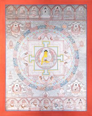 Medium Size Pure Silver Base Buddha Mandala Thangka | Vajrayana Buddhism Mandala Painting