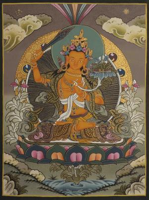 Manjushree Thangka Art | Tibetan Bodhisattva Of Wisdom | Small Travel Thangka For Practitioner